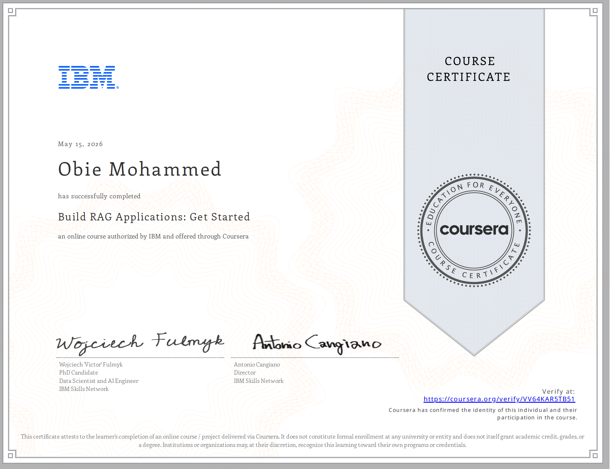 Certificate for Build RAG Applications: Get Started